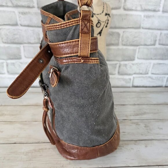 Vintage Mad Love Y2K Bag Tropical Canvas Leather Boho Distressed Grunge Purse - Picture 5 of 11